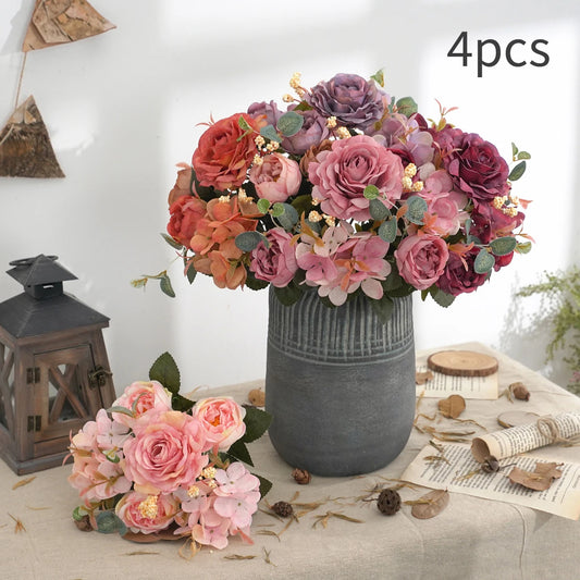 Artificial Flowers with Hydrangea Silk Fake Flowers 1 Bouquets for Home Wedding Decoration Table Centerpiece, Faux Peonies Flow