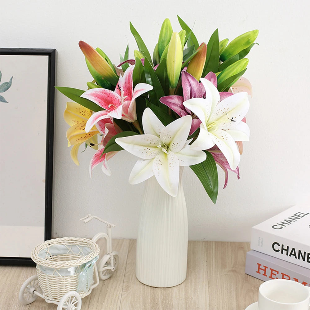 Artificial Flowers Real touch Lily branch real looking white fake Flowers flores for Wedding Garden Home Room Table Decoration