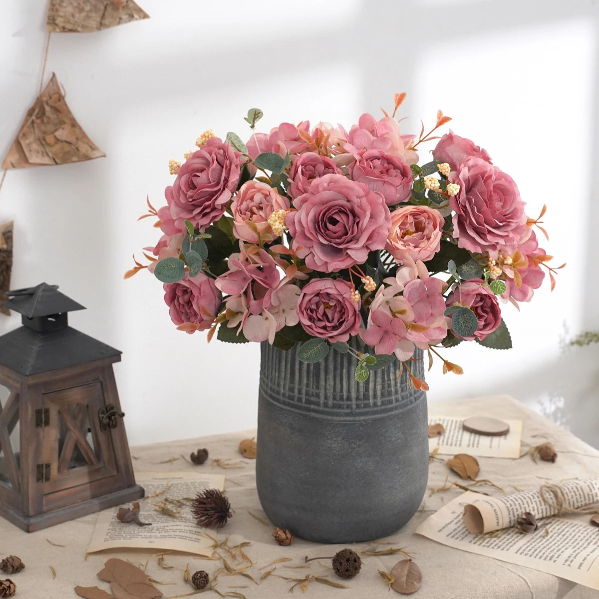 Artificial Flowers with Hydrangea  Silk Fake Flowers 1 Bouquets for Home Wedding Decoration Table Centerpiece, Faux Peonies Flow