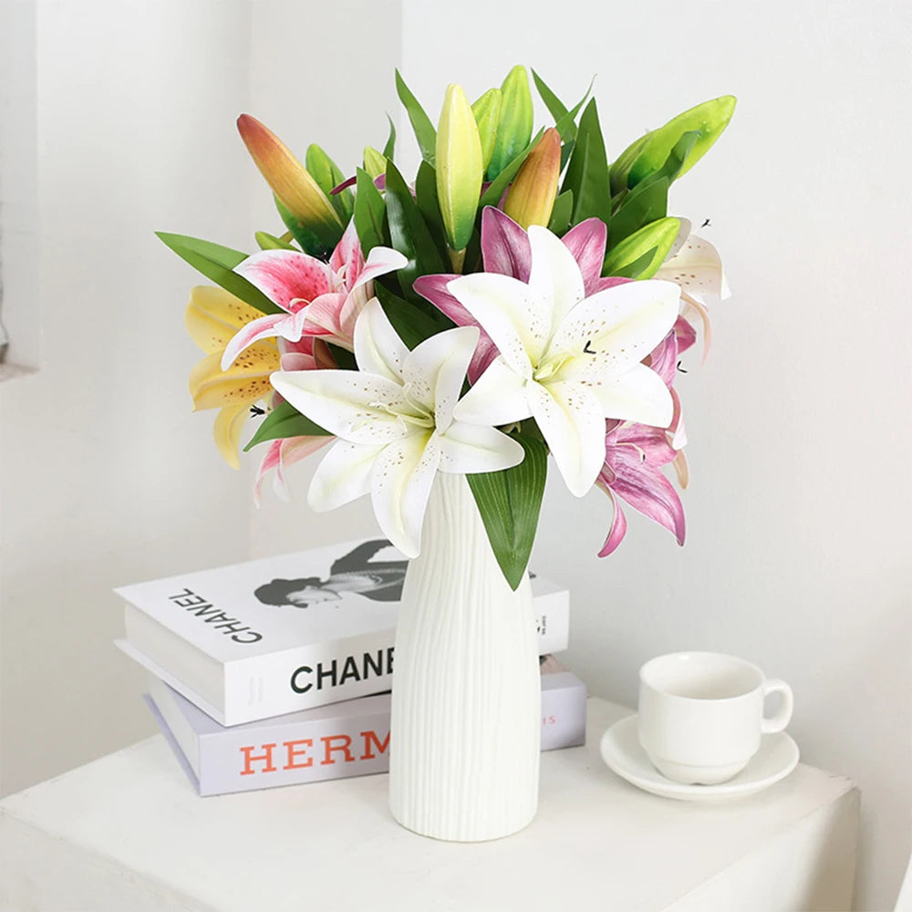 Artificial Flowers Real touch Lily branch real looking white fake Flowers flores for Wedding Garden Home Room Table Decoration