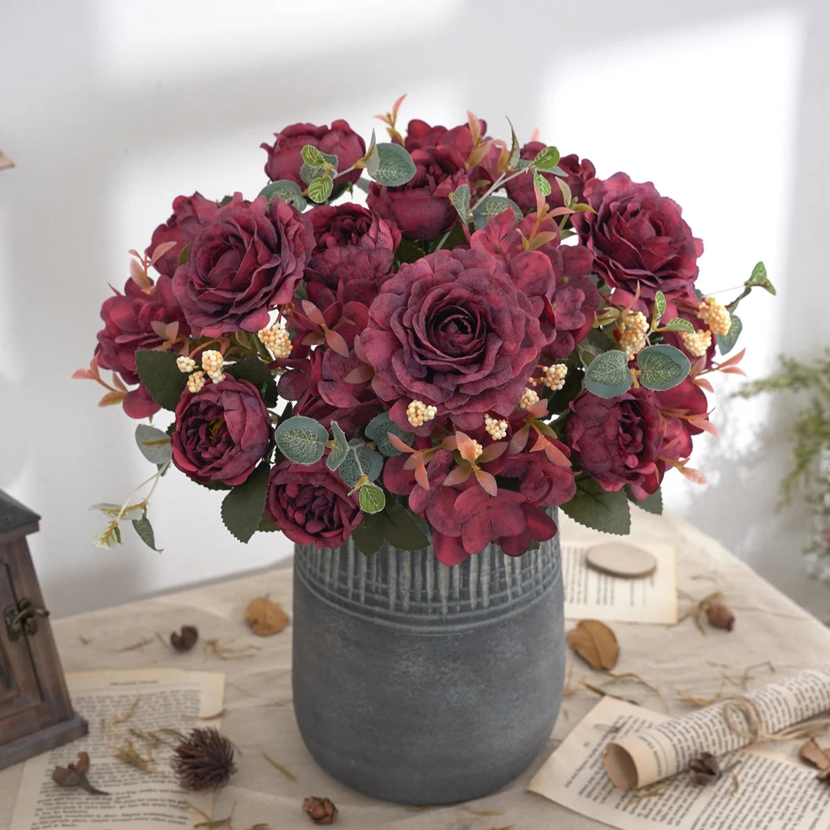 Artificial Flowers with Hydrangea  Silk Fake Flowers 1 Bouquets for Home Wedding Decoration Table Centerpiece, Faux Peonies Flow