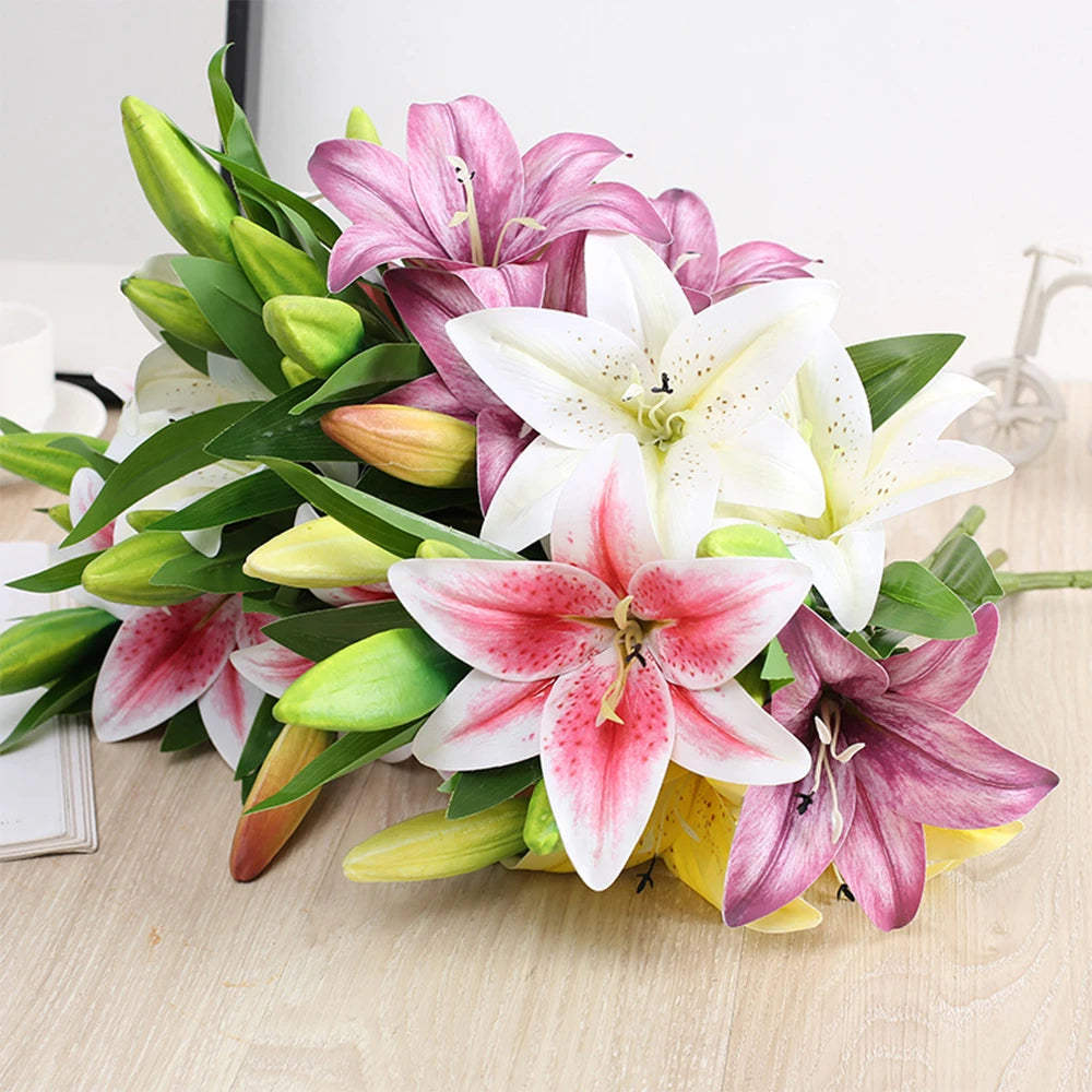 Artificial Flowers Real touch Lily branch real looking white fake Flowers flores for Wedding Garden Home Room Table Decoration